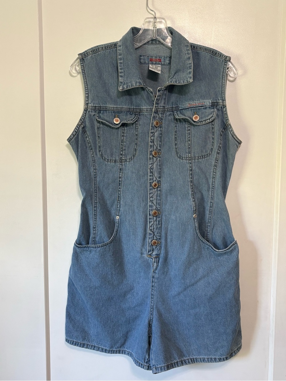 Vtg Squeeze Jeans Denim Romper Jumpsuit 100% Cotton Blue Sleeveless Sz L